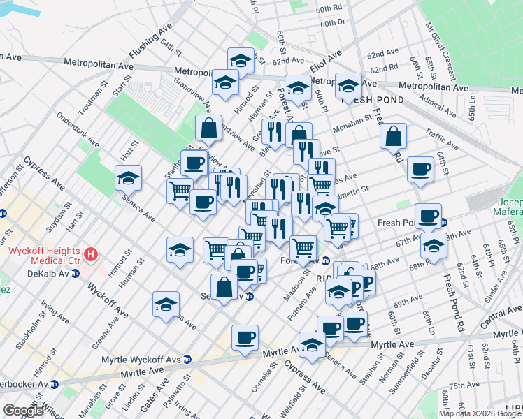 map of restaurants, bars, coffee shops, grocery stores, and more near 6-04 Fairview Avenue in Queens