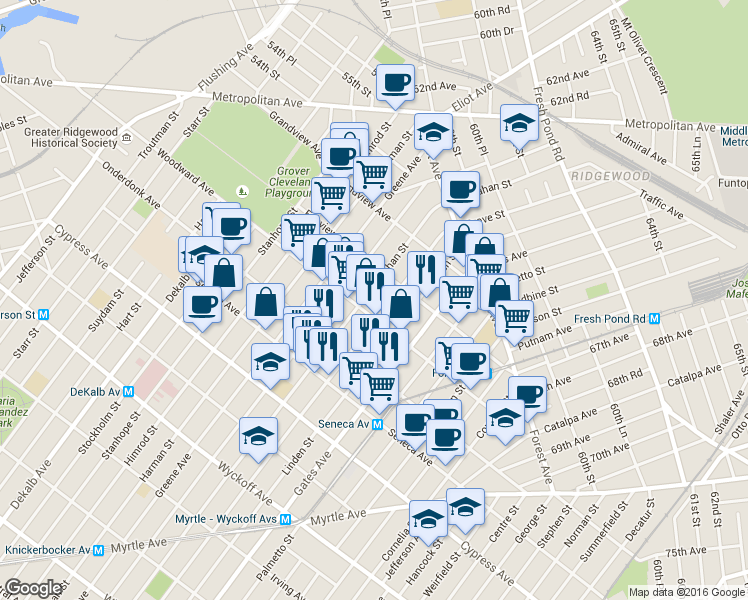 map of restaurants, bars, coffee shops, grocery stores, and more near 2 Saint Johns Road in Queens