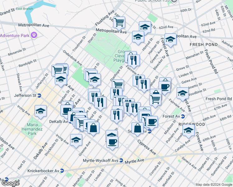 map of restaurants, bars, coffee shops, grocery stores, and more near 456 Onderdonk Avenue in Queens