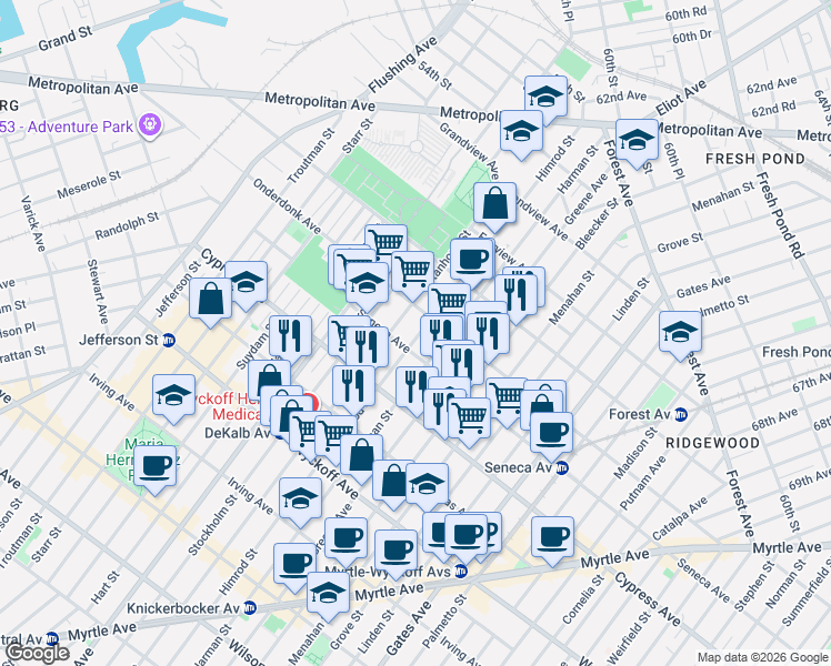 map of restaurants, bars, coffee shops, grocery stores, and more near in Queens