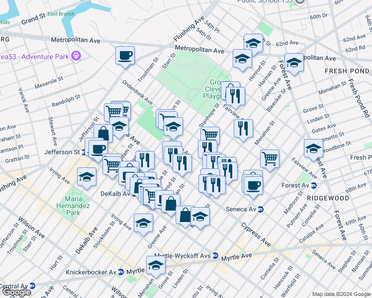 map of restaurants, bars, coffee shops, grocery stores, and more near in Queens