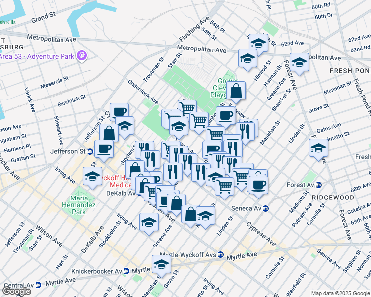 map of restaurants, bars, coffee shops, grocery stores, and more near in Queens