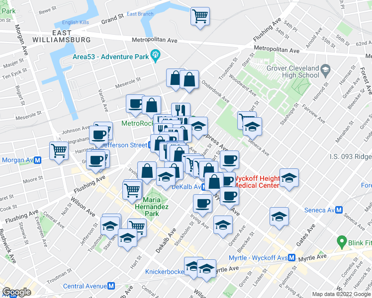 map of restaurants, bars, coffee shops, grocery stores, and more near in Brooklyn