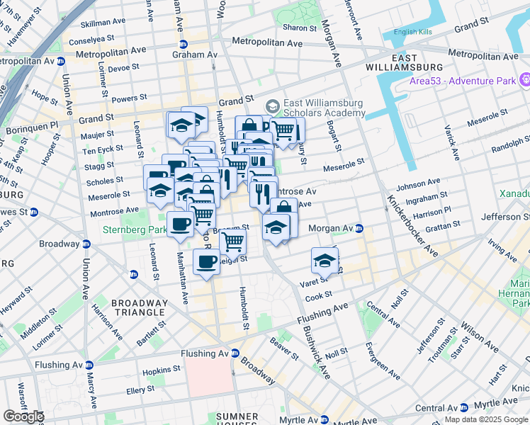 map of restaurants, bars, coffee shops, grocery stores, and more near 255 Bushwick Avenue in Brooklyn