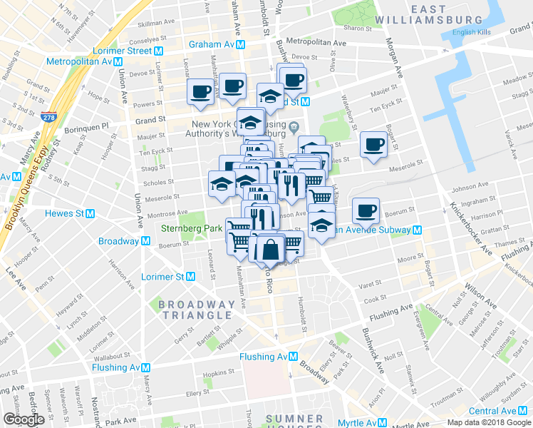 map of restaurants, bars, coffee shops, grocery stores, and more near 181 Montrose Avenue in Brooklyn