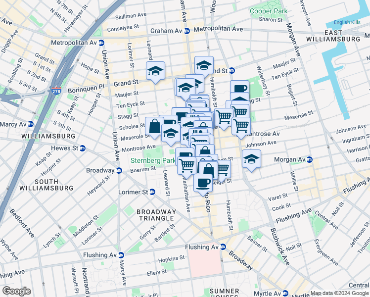 map of restaurants, bars, coffee shops, grocery stores, and more near 138 Montrose Avenue in Brooklyn