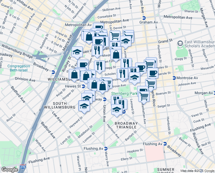map of restaurants, bars, coffee shops, grocery stores, and more near 210 Union Avenue in Brooklyn