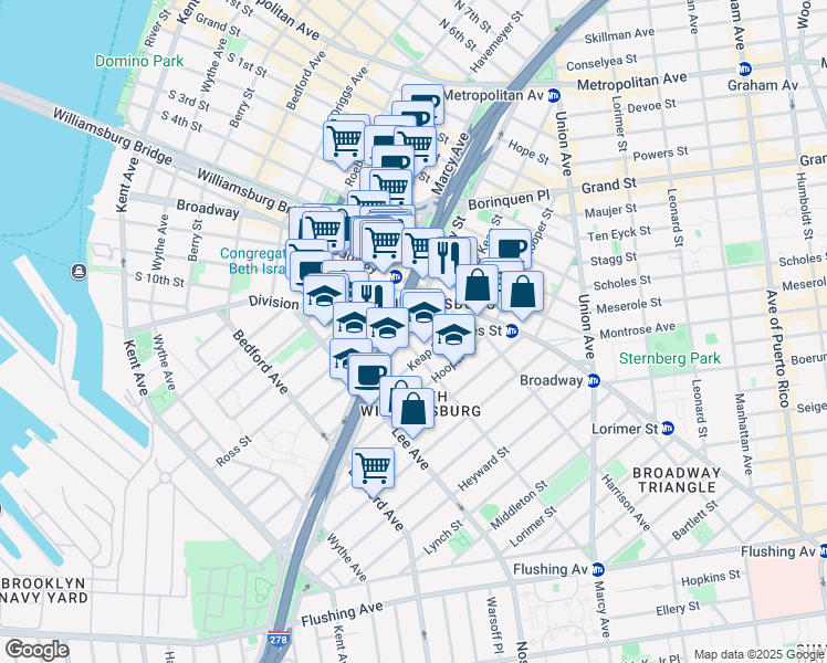 map of restaurants, bars, coffee shops, grocery stores, and more near 226 Division Avenue in Brooklyn