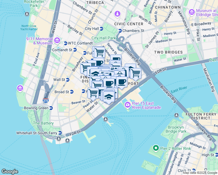 map of restaurants, bars, coffee shops, grocery stores, and more near 135 John Street in New York