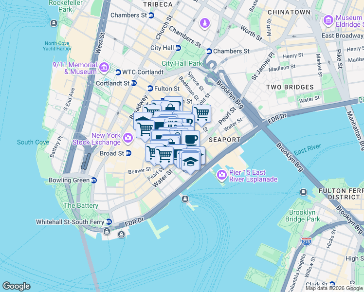 map of restaurants, bars, coffee shops, grocery stores, and more near 101 Maiden Lane in New York