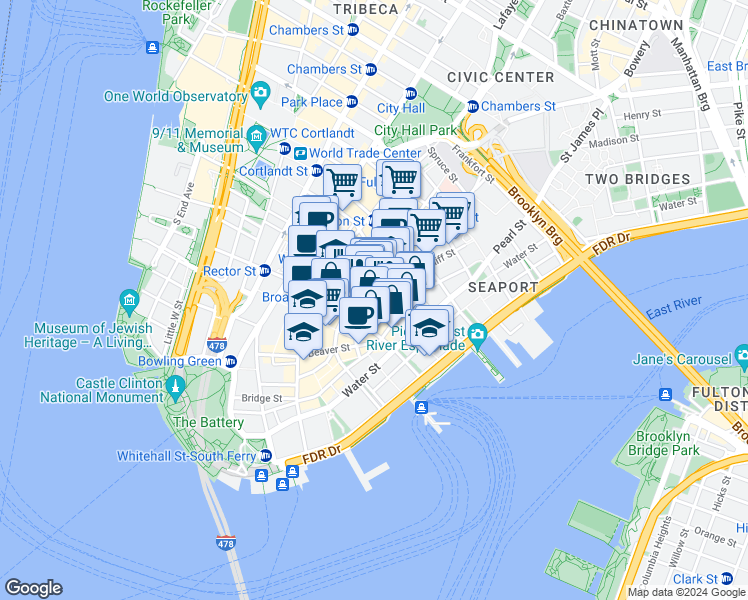 map of restaurants, bars, coffee shops, grocery stores, and more near 51 William Street in New York