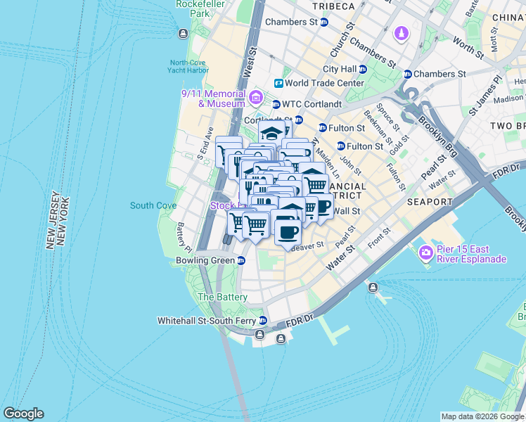 map of restaurants, bars, coffee shops, grocery stores, and more near 1 Exchange Alley in New York