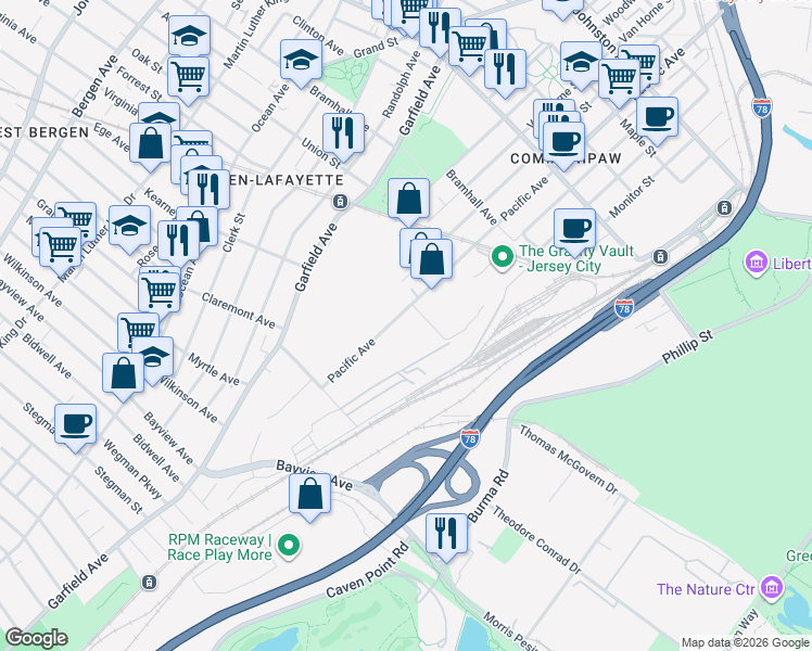 map of restaurants, bars, coffee shops, grocery stores, and more near 109 Pacific Avenue in Jersey City