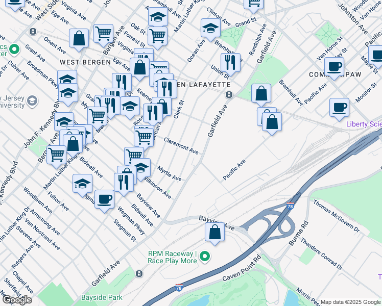 map of restaurants, bars, coffee shops, grocery stores, and more near 29 Claremont Avenue in Jersey City