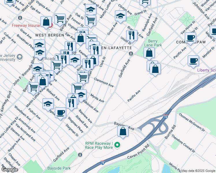 map of restaurants, bars, coffee shops, grocery stores, and more near 29 Claremont Avenue in Jersey City
