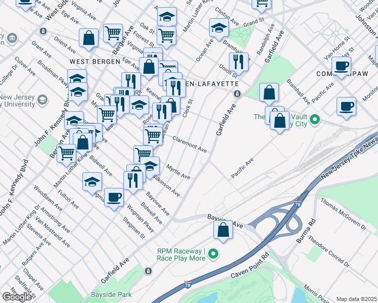 map of restaurants, bars, coffee shops, grocery stores, and more near 29 Claremont Avenue in Jersey City