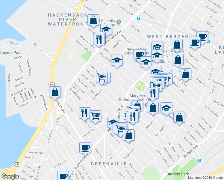 map of restaurants, bars, coffee shops, grocery stores, and more near 299 Fulton Avenue in Jersey City