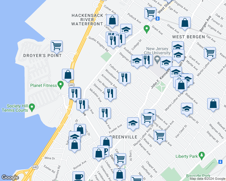 map of restaurants, bars, coffee shops, grocery stores, and more near 346 Van Nostrand Avenue in Jersey City