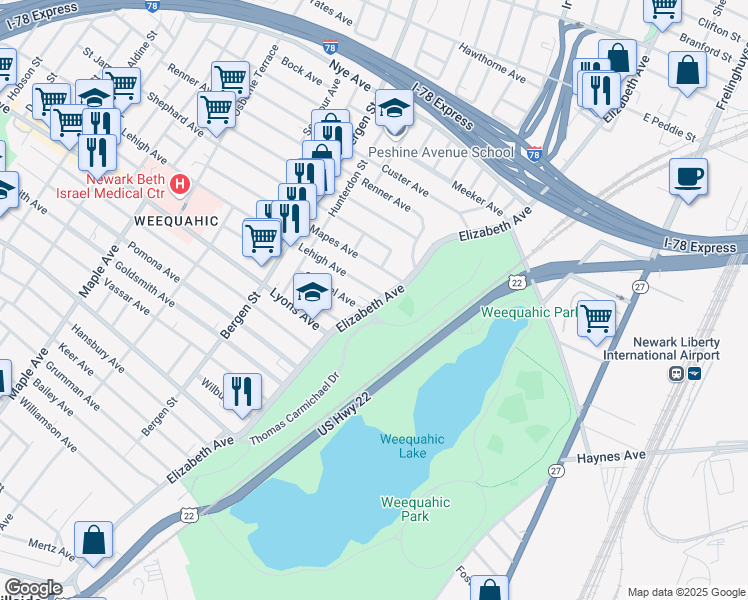 map of restaurants, bars, coffee shops, grocery stores, and more near in Newark