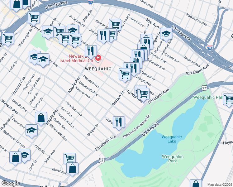 map of restaurants, bars, coffee shops, grocery stores, and more near 75 Weequahic Avenue in Newark