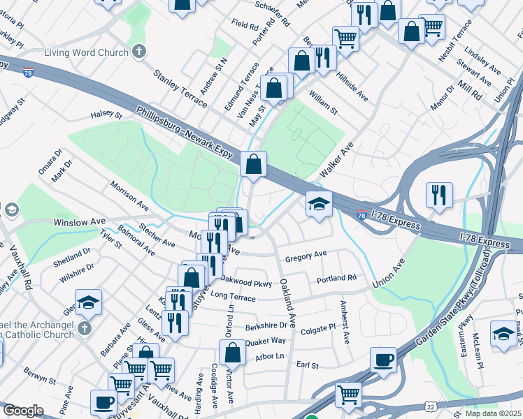 map of restaurants, bars, coffee shops, grocery stores, and more near 1489 Warwick Court in Union