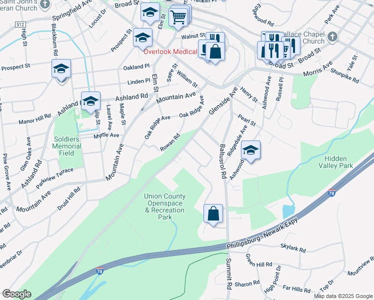 map of restaurants, bars, coffee shops, grocery stores, and more near 86 Glenside Avenue in Summit