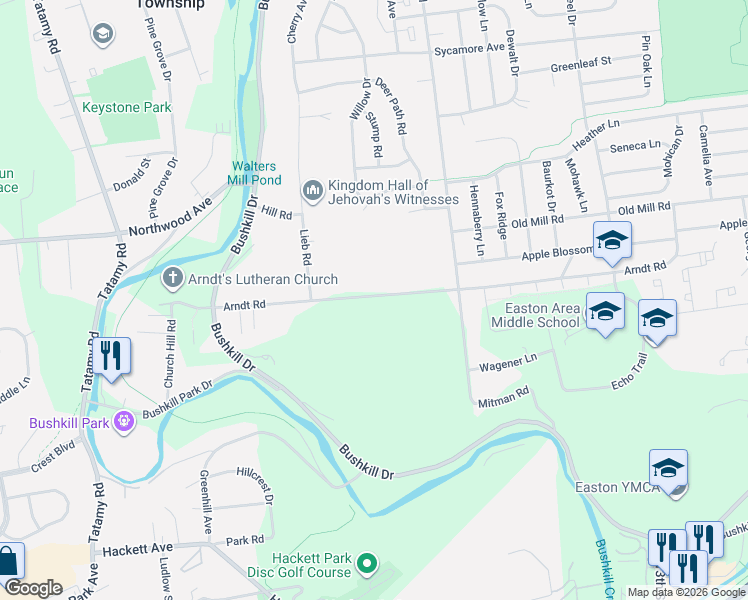 map of restaurants, bars, coffee shops, grocery stores, and more near 1301 Arndt Road in Easton