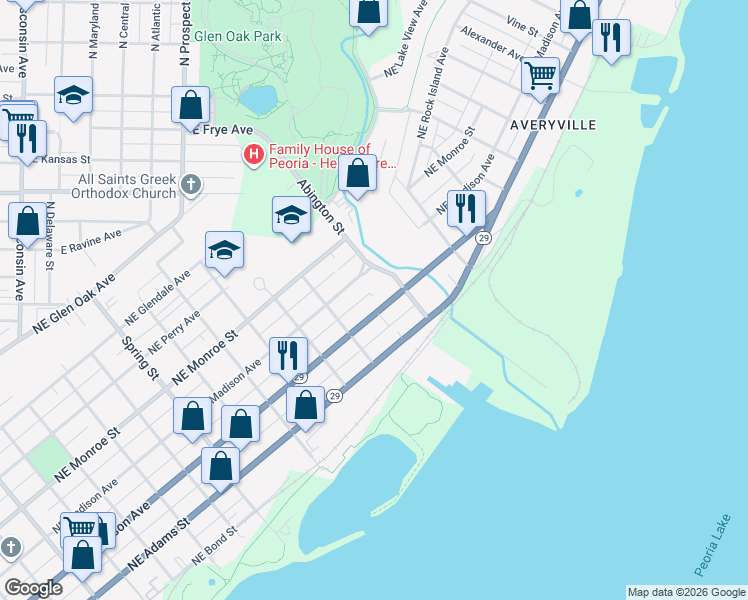 map of restaurants, bars, coffee shops, grocery stores, and more near 1832 NE Madison Ave in Peoria