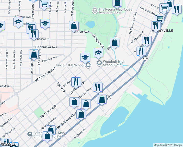 map of restaurants, bars, coffee shops, grocery stores, and more near 605 Cornhill Street in Peoria