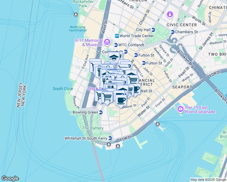 map of restaurants, bars, coffee shops, grocery stores, and more near 60 Broadway in New York