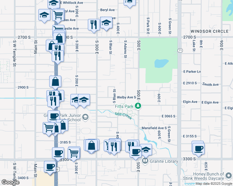 map of restaurants, bars, coffee shops, grocery stores, and more near 2961 South Blair Street in South Salt Lake