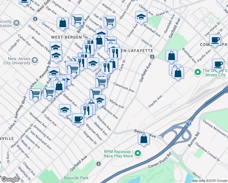 map of restaurants, bars, coffee shops, grocery stores, and more near 90 Clerk Street in Jersey City