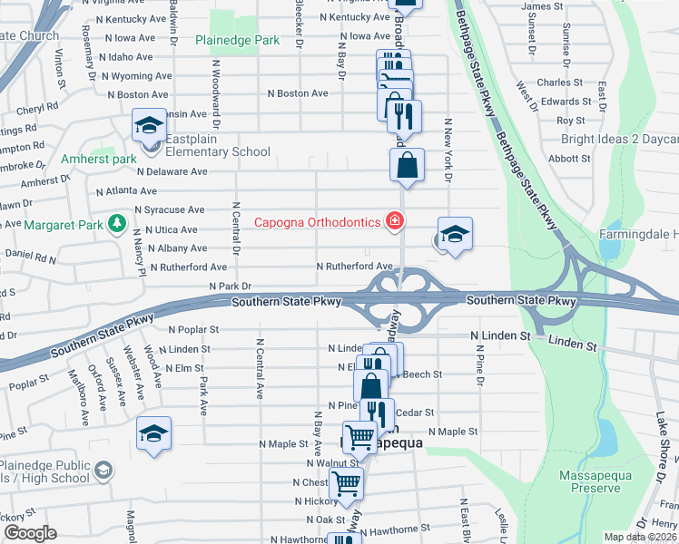 map of restaurants, bars, coffee shops, grocery stores, and more near 234 North Rutherford Avenue in North Massapequa