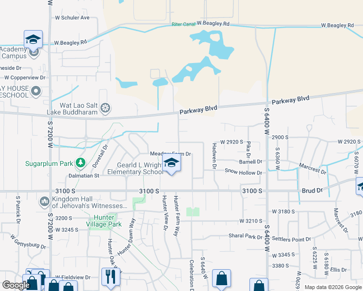 map of restaurants, bars, coffee shops, grocery stores, and more near 6717 Hunter Mesa Drive in West Valley City