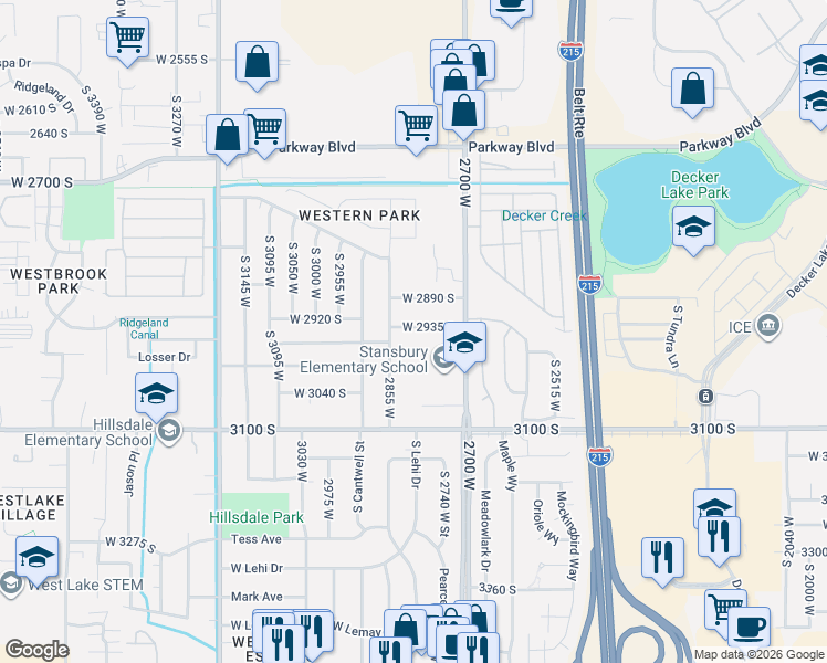 map of restaurants, bars, coffee shops, grocery stores, and more near 2805 West 2935 South in Salt Lake City
