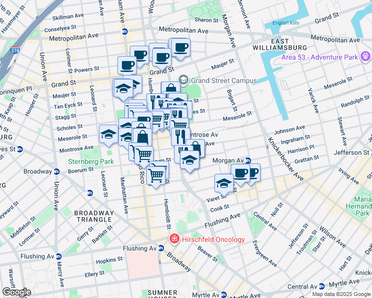 map of restaurants, bars, coffee shops, grocery stores, and more near 246 Johnson Avenue in Brooklyn