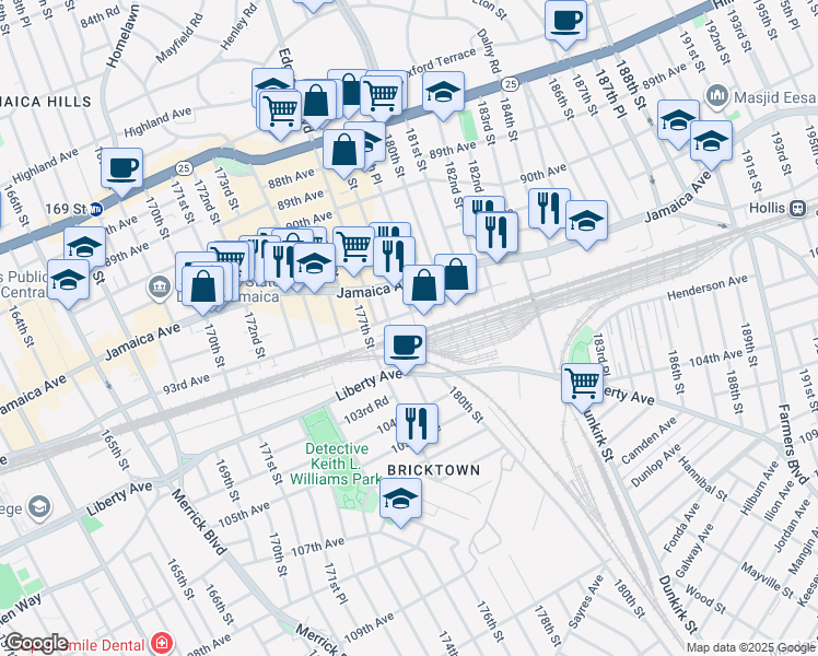 map of restaurants, bars, coffee shops, grocery stores, and more near 178-22 93rd Avenue in Queens