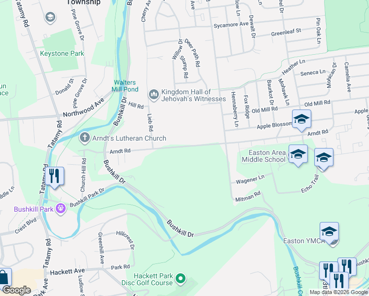 map of restaurants, bars, coffee shops, grocery stores, and more near 1301 Arndt Road in Easton