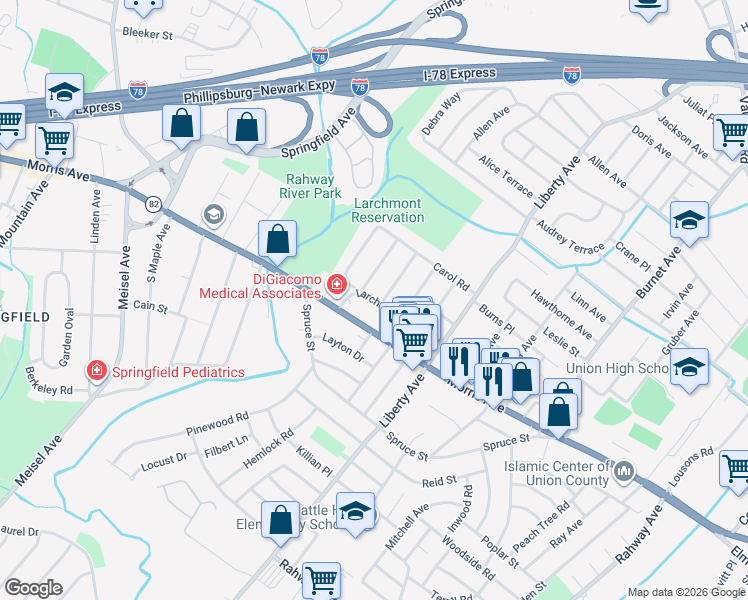 map of restaurants, bars, coffee shops, grocery stores, and more near 2802 Larchmont Road in Union