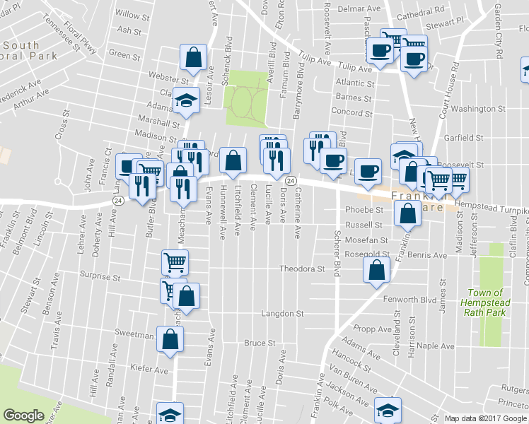 map of restaurants, bars, coffee shops, grocery stores, and more near 52 Lucille Avenue in Elmont