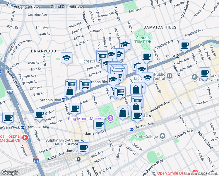 map of restaurants, bars, coffee shops, grocery stores, and more near 153-03 Hillside Avenue in Queens