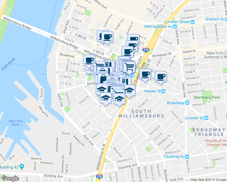 map of restaurants, bars, coffee shops, grocery stores, and more near 185 Wilson Street in Brooklyn
