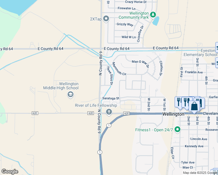 map of restaurants, bars, coffee shops, grocery stores, and more near 3108 Three Silos Drive in Wellington