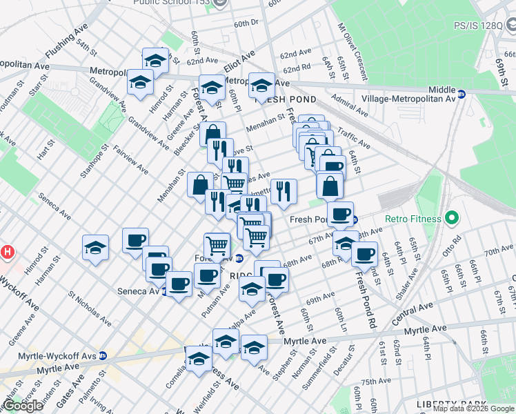 map of restaurants, bars, coffee shops, grocery stores, and more near 5921 Woodbine Street in Queens