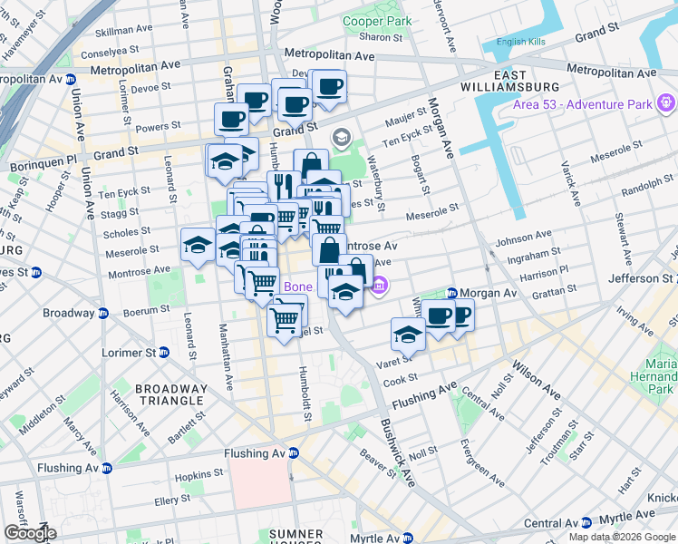 map of restaurants, bars, coffee shops, grocery stores, and more near in Brooklyn