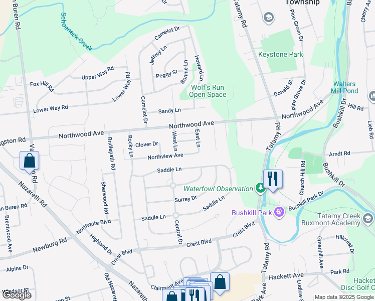 map of restaurants, bars, coffee shops, grocery stores, and more near 54 Northview Avenue in Easton