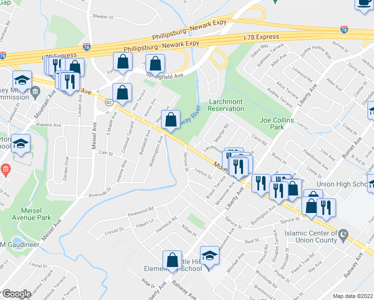 map of restaurants, bars, coffee shops, grocery stores, and more near 2822 Morris Avenue in Union