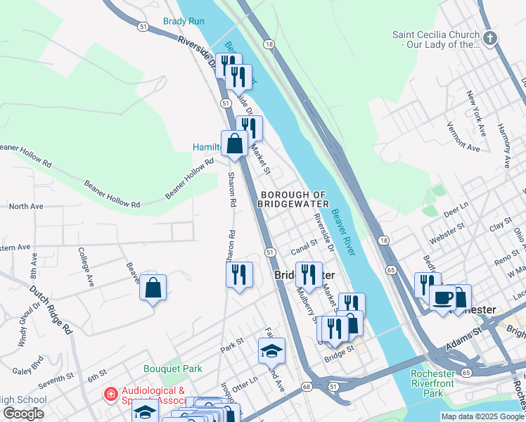 map of restaurants, bars, coffee shops, grocery stores, and more near 1215 Mulberry Street in Beaver