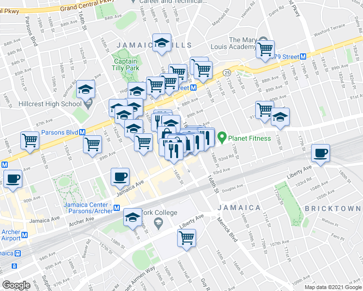 map of restaurants, bars, coffee shops, grocery stores, and more near 166-11 91st Avenue in Queens