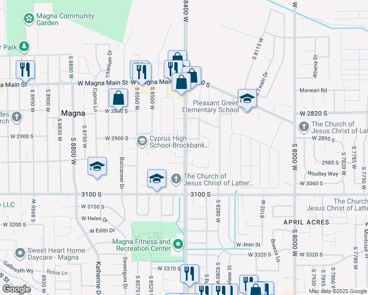 map of restaurants, bars, coffee shops, grocery stores, and more near 2928 South 8400 West in Magna